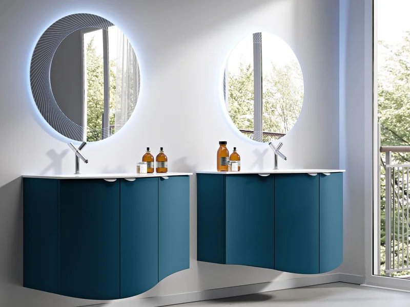 Doppio mobile bagno blu petrolio con specchi tondi